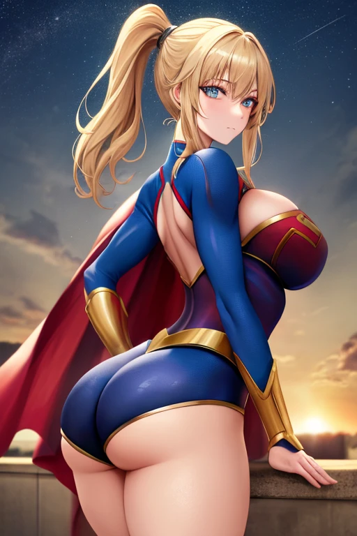 ((Best quality, Masterpiece, Nonsense)),1girll:1.9, Sexy, ( 18 years old, Expressive blue eyes, shoulder-length blonde hair, Long hair,Loose and fluffy hair),Dressed Supergirl cosplay (Super Girl Suite custom role-playing), Shortest red skirt,eechi, Terrace in 1 building, supergirl, cleavage, tiny thong, big tits, big butt, tiny top suit, sexy hero pose, hard niples, sweaty skin, side boob