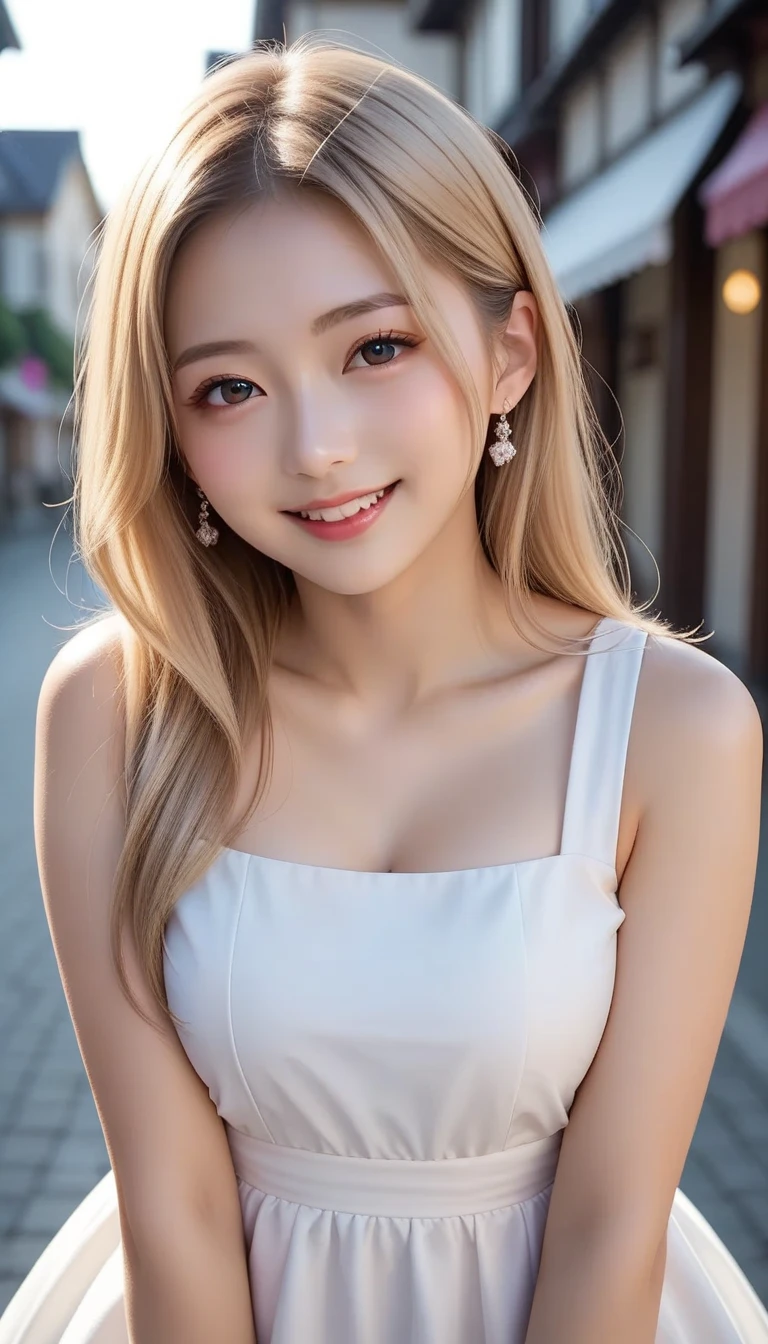 (realistic、masterpiece、Best Quality、8K、highres、high resolution:1.3)、1 girl、 Huge breasts、smile, white bikini、pale white skin、looking at viewers、super fine face and eyes、long blonde hair、indoor、 upper body、