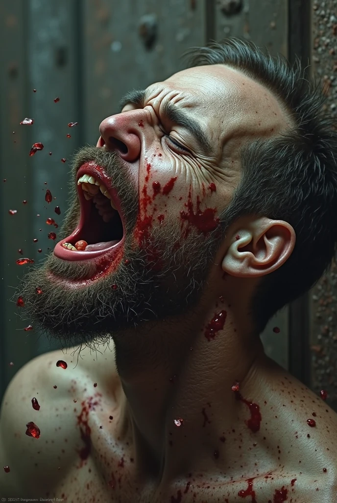 Dramatic, man emerging from meat slime, blood, meat, gooey