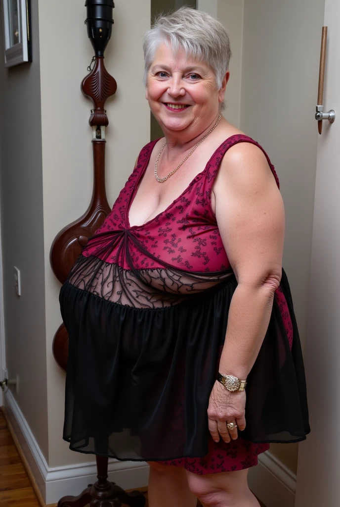 (Best Quality,4K,超A high resolution:1.2),(Mature Japan women, granny, Short black hair,),(Big smile),(((55-year-old woman))),(nasolabial folds),((wrinkled)),((body  wrinkles)),(acnes), Fine wrinkles, Detailed skin texture),(Saggy big breasts:1.4),(massive hips),(((Floral lingerie))),(hands behind the back)