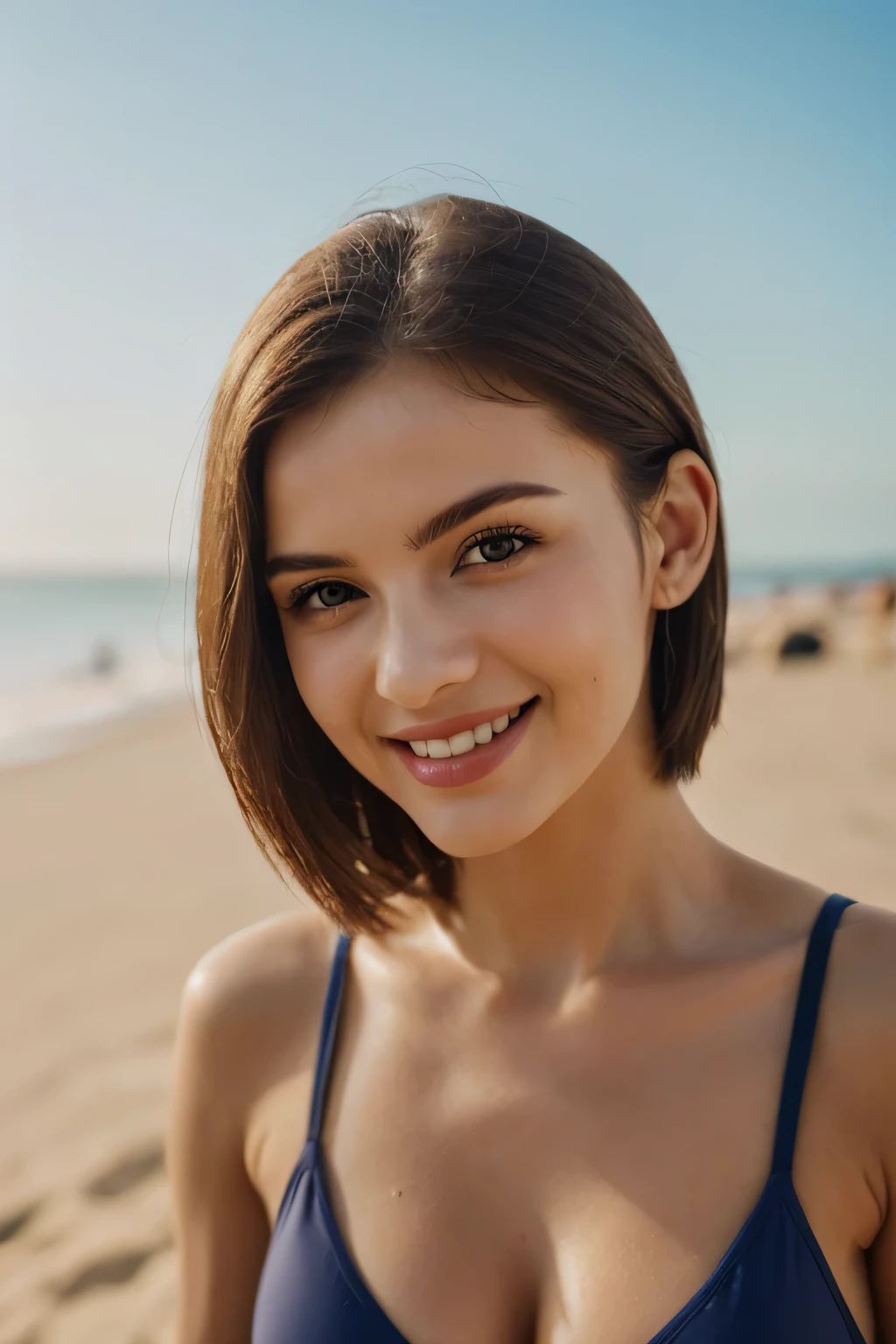 ((top-quality, in 8K, masterpiece:1.3)), 1girl in, Slim Abs Beauty:1.3, (Hairstyles Brown Hair Shortcuts, Colossal tits:1.2), doress, Super fine face, Delicat eyes, a smile, Raw photo, Sky blue tank top, Sharp Eyebrows, japanes, cleavage of the breast, Slender beauty