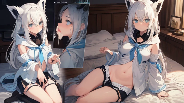 girl,whitehair,verylong hair,hood,cat ear,purple eye,redglasses,symmetrical eyes,lambets eye,cold,Glance,dogtag necklace,thigh,spread legs,naked shirt,bottom less,beautiful,graceful,hold hand,on bad have used condom,show ,spread ,creampie,cum pool