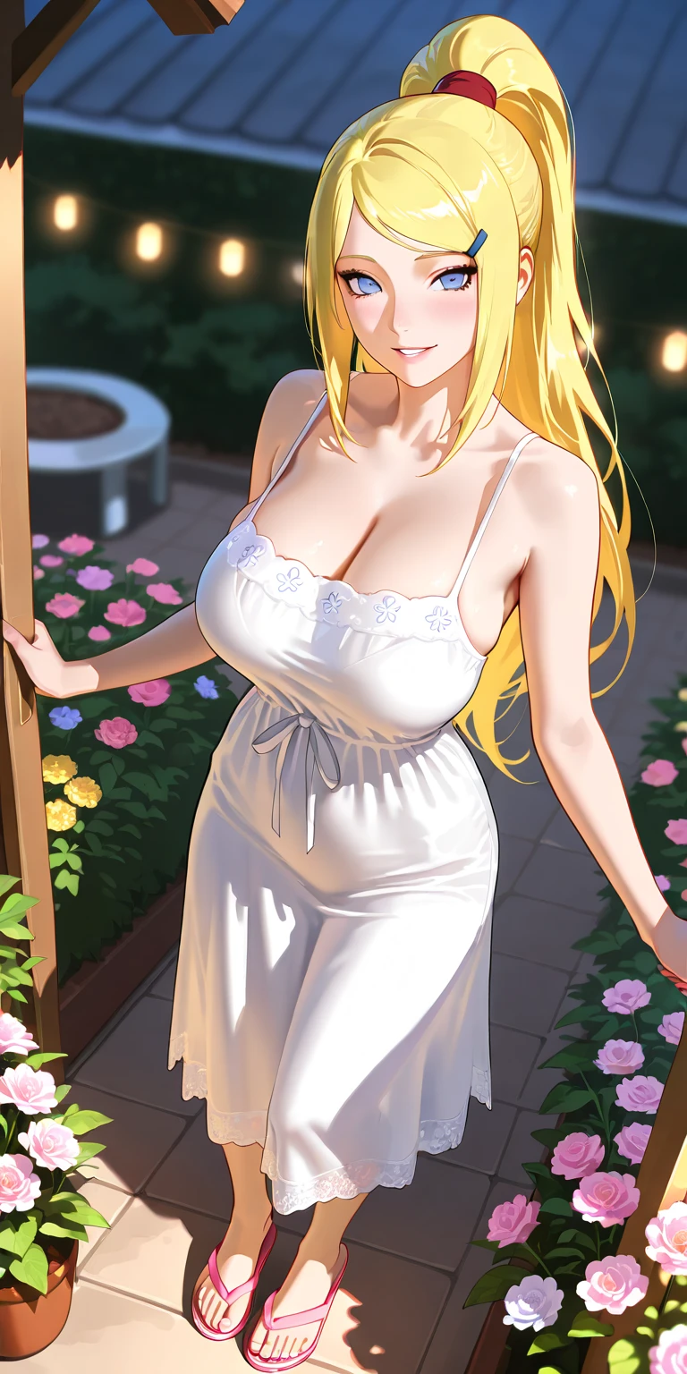 masterpiece, best quality, highres, venus1, 1girl, solo, beautiful face, beautiful body, first rate female body, blush, medium breasts, looking at viewer, lips, smiling, closed mouth, aino minako, blonde hair, magical girl, blue eyes, casual outfit, sleveless, bare shoulders, date, at park, very long hair,  jewelry,  earrings, standing, cowboy shot, medium full shot, sweptbangs:1.4