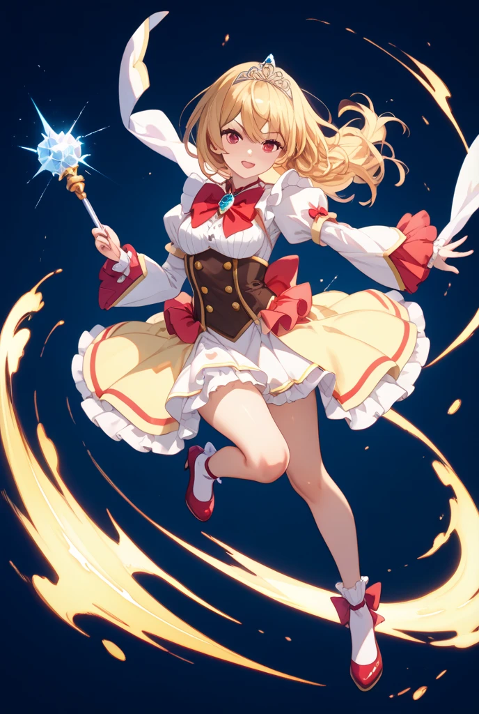 masterpiece、top-quality、(Blonde colored long hair、I have bangs:1.1)、(25 year old woman)、 (gold eyes:1.5)、(Big round eyes:1.5)、(Emphasis on the chest:0.5)、(modest smile expression:1.3)、(Staring:1.5)、(Close-up of the subject's face:0.5)、
golden flame wizard dress、(wizard’s wand with red gem:1.5)、golden flame wizard hat、floating fireballs、
five perfect and beautiful fingers、Bust Shot、
Alone、Open your mouth、Fearless smile、(middle Breasts:1.3)、(Glowing Skin:1.2)、(dynamic pose hand holding a sword gripping one Rapier in hand:1.3)、Uplifting、Have a rapier grip、midriff peek、Off the shoulder、(Camel toe)、
have to pee,covering crotch,knees together feet apart,(((crotchAngle,head out of frame,lower body,hands between legs,close-up,crotch aparts, crotch focus))),