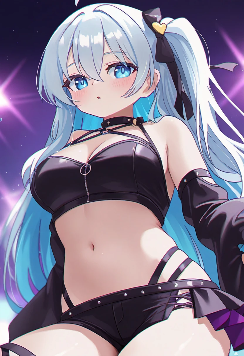 k-pop idol, blue hair, beautiful smile, during the show, holding a microphone, dressed as k-pop, k-pop accessories, showing lower part of breasts, transparent wet panties