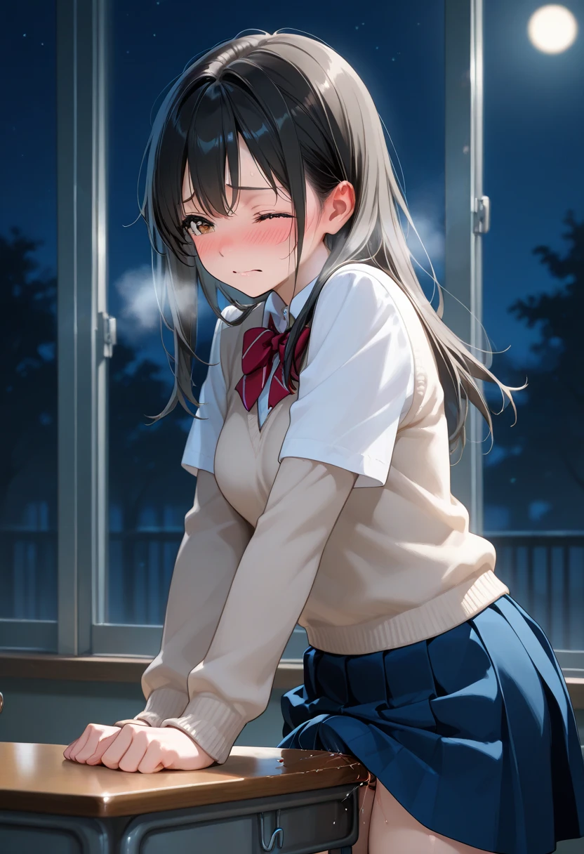 ((masterpiece,Highest quality:1.3,best quality illustration,realistic:1.3)),cowboy shot,独奏,1woman,(18-year-old、Japanese Beauty)、brown hair,long hair,bangs,brown eyes,gorgeous eyes,((very small head:1.3)),crying,Heavy breathing,((very long body:1.2,skinny)),medium breasts,(Red ribbon tie、White collared shirt、Long sleeve navy blue pleated mini skirt),Wet crotch、sweat,gleaming skin,toned body,slender body,(squatting).,Abandoned house、at night、Tokyo、
