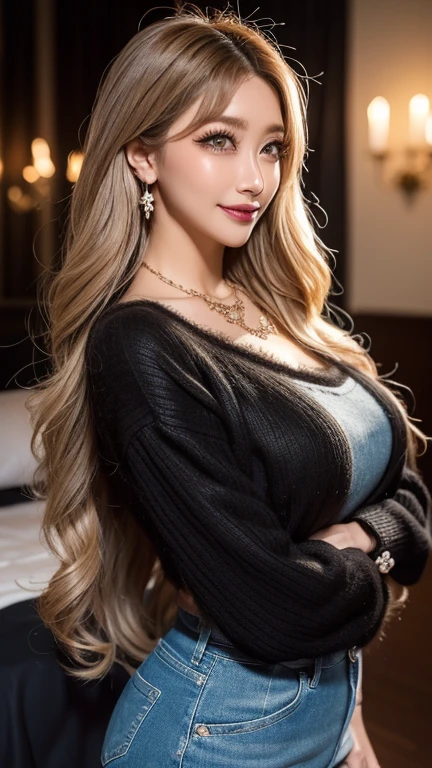 Adult female, Sexy Witch Cosplay, Long dark blonde wavy hair、Off-the-shoulder knit, (Long flared skirt in dark blue), Cute Smile、Exposing shoulders、(Pose to lean forward and emphasize the chest)、(looked back)、Sexy Hips、Black high heels、Gorgeous magic wand and book、Church of the castle、Sexy pose、Anatomically correct limbasterpiece:1.3、Raw photo、Highest quality、