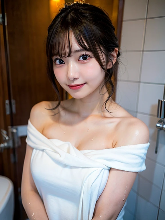 （masterpiece）、(highest quality:1.5)、(16k wallpaper:1.2)、(Photorealistic:1.2)、(Ultra-detailed:1.2)、(超A high resolution:1.2),(Surreal), (High resolution), (Very detailed), (Professional), (Realistic), (Post-processing), (Very detailed),(Sharp focus), Sharp focus:1.2,Photorealistic, Ultra-realistic, Backlight, Bright light, (Improvement of quality:1.4), Healthy thighs、Narrow waist、Big Ass、（Beautiful legs）、((Perfectly detailed five-fingered hands)),（Anatomically correct body）、((1 female:1.4))、Japanese、Asian、Realistic Skin、（Small chest：1.4）,Pretty woman with perfect figure:1.4,(from the front:1.5), (Enhances the beauty of skin texture:1.1), (Beautiful fine details), (Detailed face),Beautiful realistic face,No makeup、美しいBlack Hair、Super Beauty、The best smile、Natural color lip、Even bangs、Hide eyebrows with bangs、((29-year-old woman))、Bob Hair、Hair blowing in the wind, (Black Hair, Iris, Watery eyes, Shining Eyes, Short bob cut hair, Small earrings, Lightly reddish), Hair behind the ear、No makeup、(Drooping eyes)、Drooping eye corners、Professionalのカメラマンが撮影した写真，1 girl, Full Body Shot, From below,  (A scene where she comes out of the shower room wrapped in a bath towel:1.3),Buckshot,Full Body Shot, (From belowの角度:1.3)
