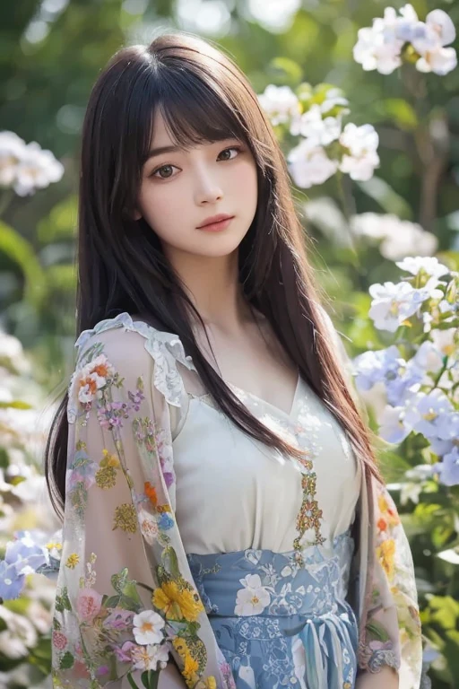 (high-level image quality)，(hight resolution)，Portrait, Highly detailed background, FULL BODYSHOT, Young Woman，Nice Body，Sea of Lavender Flowers, Long hair, Blue eyes, Smile, Warmth, Golden light, Soft shadows, Trees overhead々, 8K, ultra detailed texture, Dramatic Lighting, outlines, furr, Atmospheric light intensity, Depth, Dimensions, Shallow depth of field, Film still image quality, Beauty, Nature, Fine Art Fashion Editorial Collection, unreal enginee 5，((fullnude))，(Whole body)，