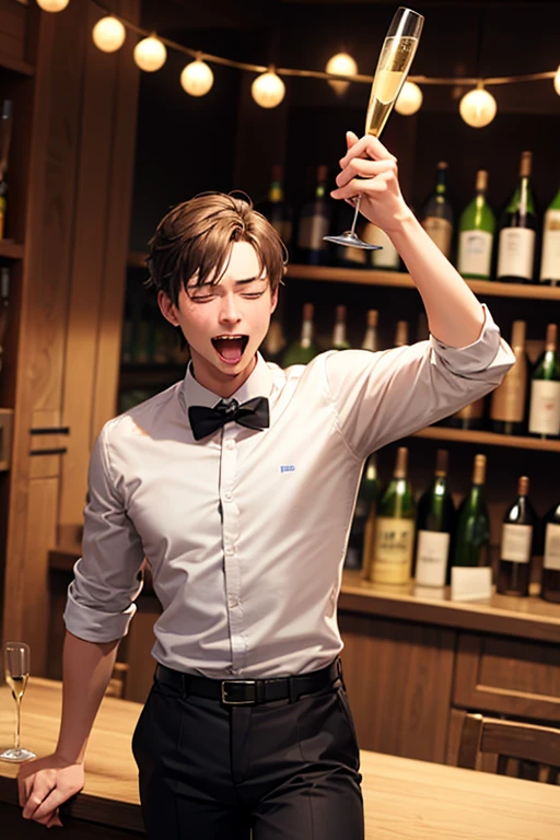 Real photo style、Realistic、Cute handsome man、Idol face、、Japanese、Slim body、Mash Hair、Completely naked、Full nudity、Crowded fine dining restaurant、Pouring wine from a bottle