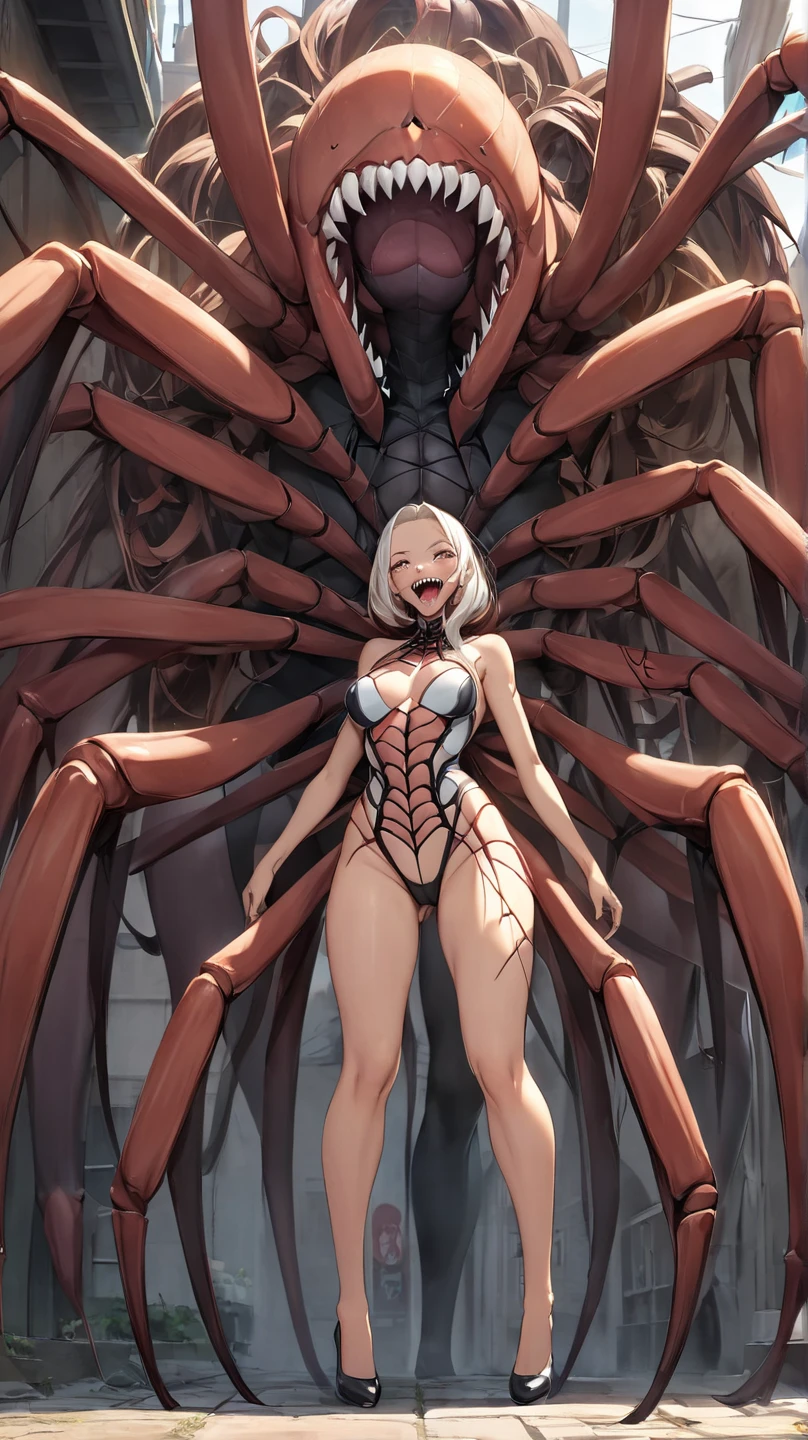 high detail anime style, anime, (1girl), woman, attractive, high resolution, extreme detail, pretty face,  standing, naked, human arms, (beautiful hands), <lora:lottalewdsSpiderGirl_v1:0.7>, spider girl, drider, arthropod limbs, arthropod girl, arachne, big round spider abdomen behind,  cobwebs in background, spider web, eight legs