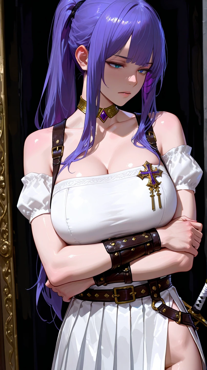 masterpiece Anime Style Crucifixion BDSM Whole body expression bondage SM conversion cross Beautiful woman with very long light purple hair Perfect body White off-shoulder armor(Belly button、Thigh exposure、Chest exposed) Look Down Downcast eyes、defeat、despair Are crying Medium Chest Beautiful legs Pitch Black Hell Dark fantasy