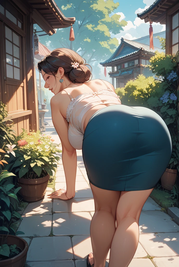 3DMM, ((Masterpiece, best quality, photography, detailed skin, realistic, photo-realistic, 8k, highly detailed, full body, High detail RAW color art, diffused soft lighting, shallow depth of field, sharp focus, hyperrealism, cinematic lighting, a woman, in a beautifully makeup, eyeshadow, beautiful big eyes, ((Brown eyes)), long eye lashes, brunette updo hair, saggy breast, wearing ((Blue satin sundress)), satin thongs, sport shoes, bending knees, knees on ground, touching foot, sakura garden, showing her saggy hips, reveal her panties, cum in pussy, back view