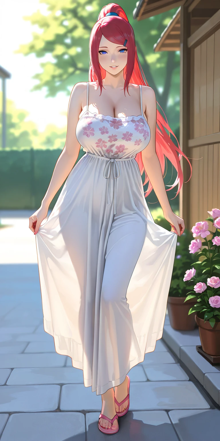 masterpiece, best quality, high detail, 1girl, beautiful woman with long wavy hair, pink hair, large bust, breasts, white button jacket, black maxi pencil skirt, long skirt:1.25, sneakers, collarbone, midriff, belly button, summer, garden, full body, looking at viewer, smile, walking, motion blur, happy