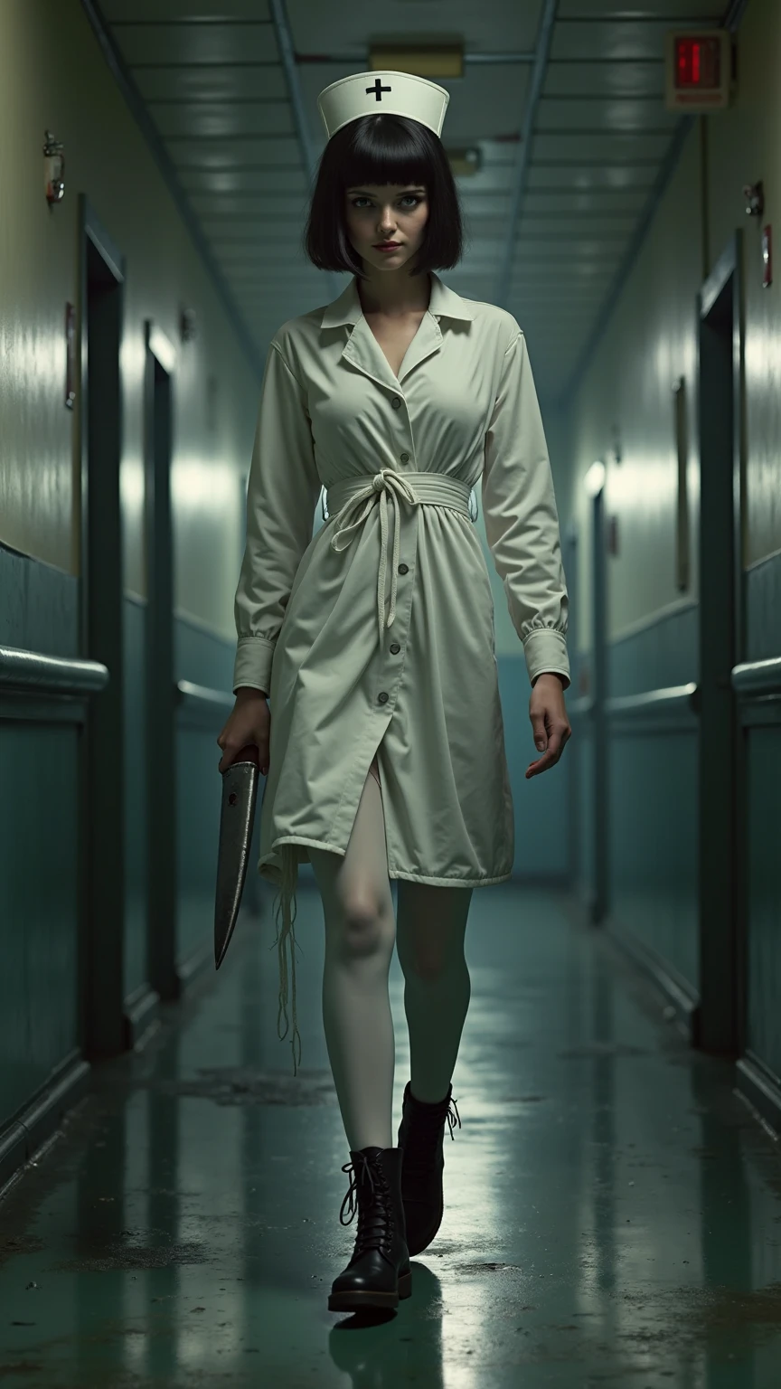 jenror2023, 1girl, 8k, uhd, best quality, trending on arstation, full body, photorealistic, masterpiece, raw image, skin pores, detailed skin, 5 fingers, hazel eyes, old haunted house, dark, dramatic lighting, night, indoors, horror \(theme\), nurse outfit, 1930s \(style\),