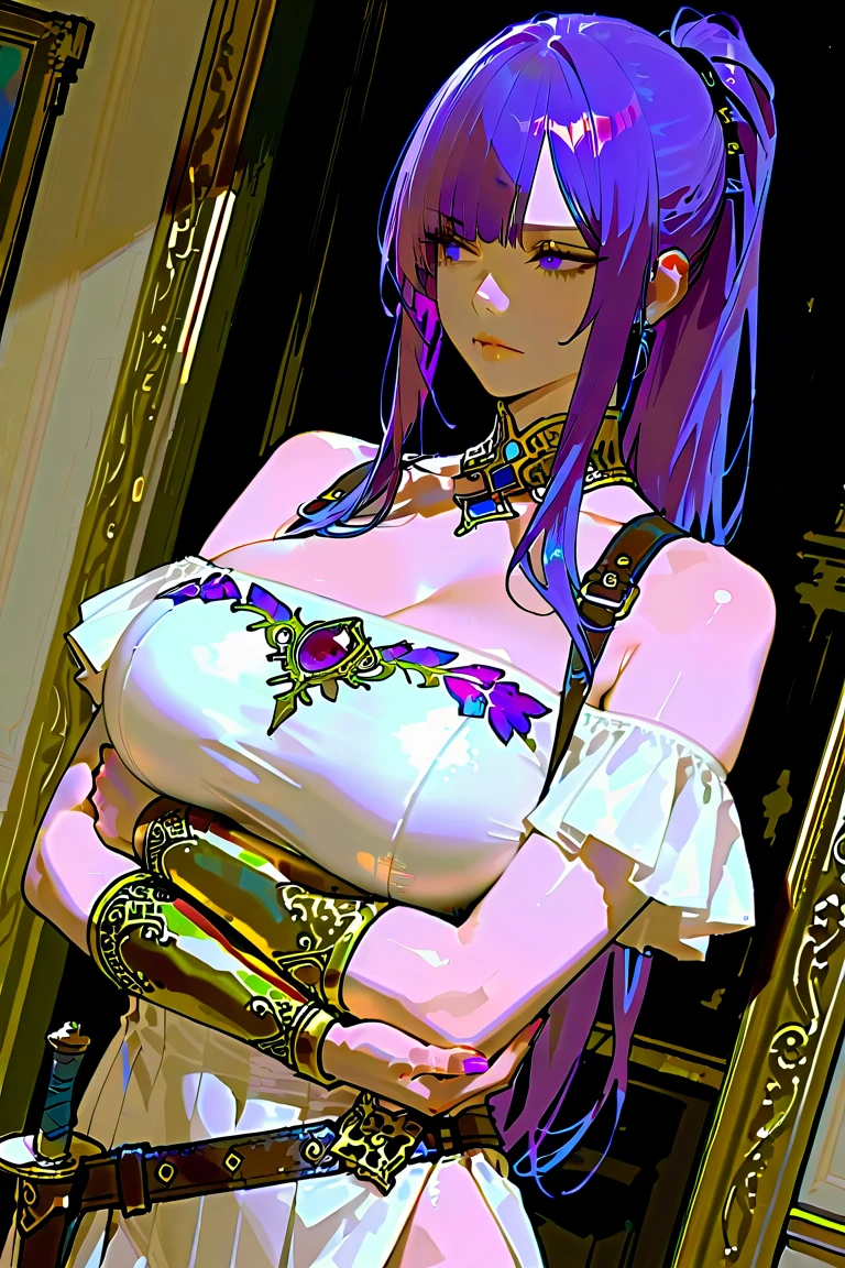 a beautiful curly-haired woman with long purple hair,enormous breasts,large eyes with stars,strapless blouse,long skirt,(best quality,4k,8k,highres,masterpiece:1.2),ultra-detailed,(realistic,photorealistic,photo-realistic:1.37),cinematic lighting,vibrant colors,dramatic fantasy,volumetric lighting,intricate details,dramatic composition,chiaroscuro