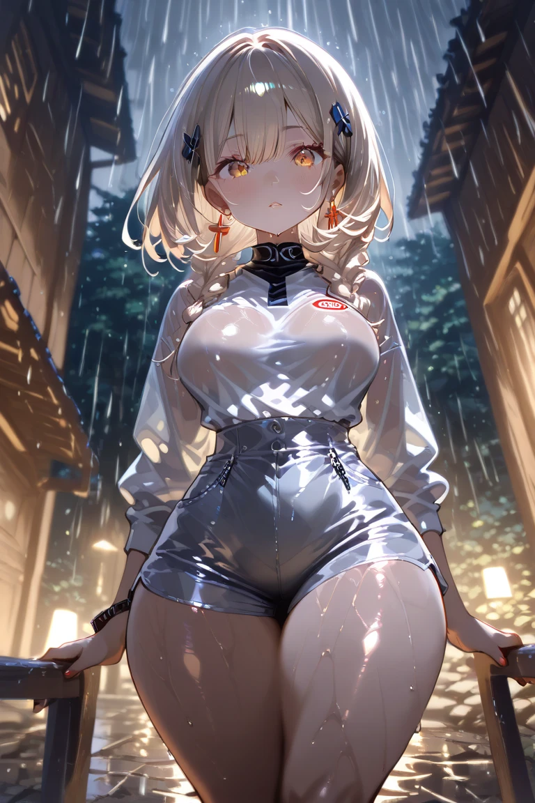 (Photorealistic:1.8, highest quality:1.8,8K masterpiece:1.8,High resolution,Mastepiece:1.8,RAW Photos,Cinematic lighting),No split screen, Back alley on a rainy night、City lights、Angle from below、
(Naked woman in the rain)、(choker、Beautiful hair ornament、Nipple Accessories、Pussy Accessories、Transparent raincoat)、pubic hair、Wet Skin、Sweat dripping、Normal chest、Beautiful ass、Abdominal muscles、Beautiful thighs,Beautiful plump nipples、Beautiful genitals、Plump、Spread your pussy and show it to me、Up、Random Pause、
(Medium Hair、Thin, beautiful, shining vermilion, silver and gold hair)、Beautiful blue eyes、Beautiful red lip、
Realistic:1.3、Full Figure、Adult video shoot、(A rich expression、Blushing cheeks、painful、lonely)