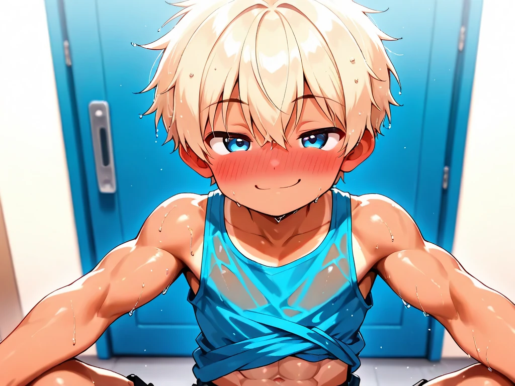 High resolution, masterpiece, The best quality at its best,最high quality,high quality, Height Details,10 year old boy,child,Blonde,cute,Upper body naked,topless,の体,,Glowing Skin,Sweat,White Briefs,Wet,Both arms raised,Banzai (banzai),Both sides are visible,Both arms are tied with ropes,classroom,Standing in front of a blackboard,Crying face,blush,The groin is bulging,