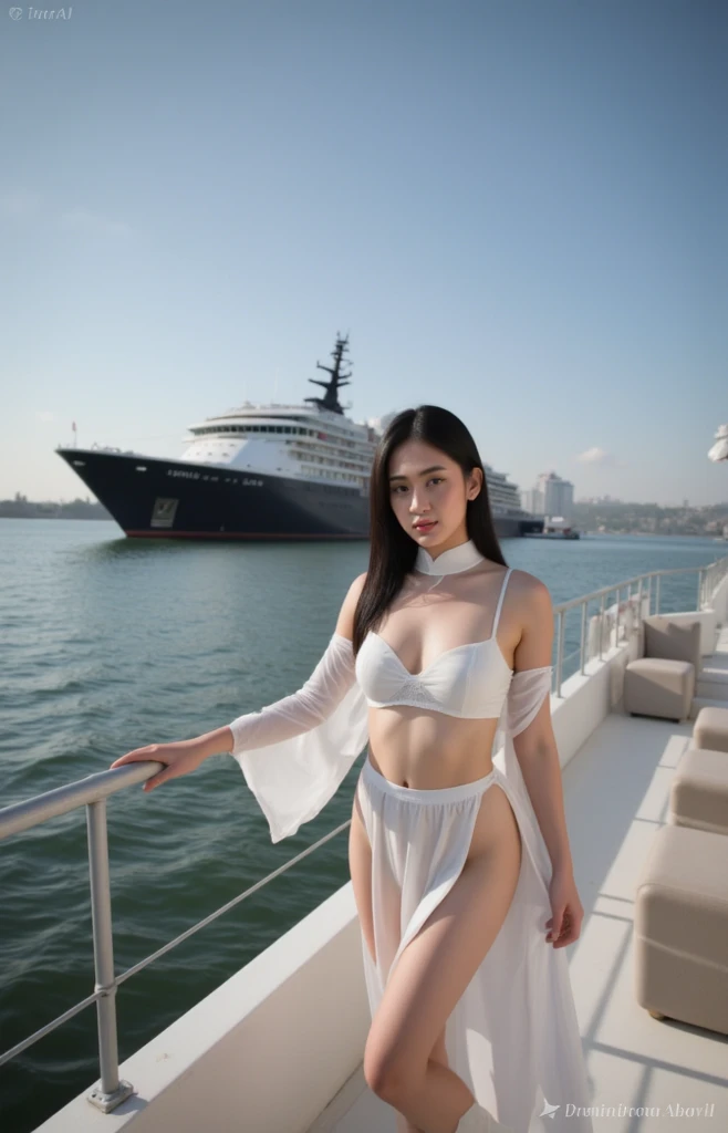 selfie, Chinese people, calm face, 1 woman playing the piano wearing a futuristic party dress electric white gold black background in front of the royal carribean ship and lime green beach and the royal carribean ship, full HD, 16k, high contrast, high saturation, hyper realistic photos, good light, Nice face and very detailed