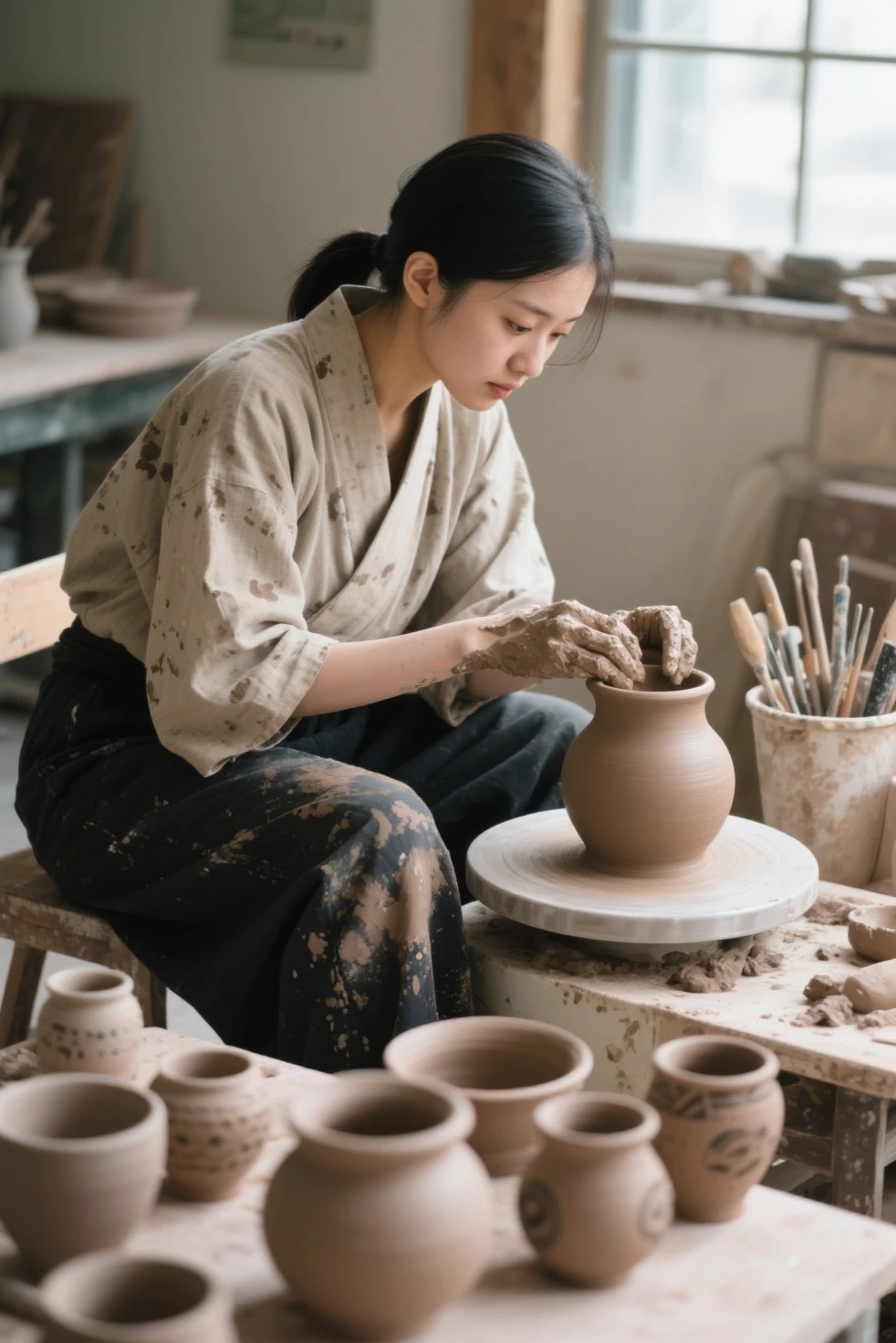 A medium shot captures a young female idol artist seated and engrossed in the art of pottery, Her dark hair is pulled back revealing a focused expression, She is dressed in a loose-fitting samue splattered with what appears to be clay or mud along with dark pants that are also stained, Her hands covered in clay delicately shape a light brown ceramic pot on a potter's wheel, The background hints at a pottery studio with a window allowing natural light to illuminate the scene particularly highlighting the woman and her work, Various pottery tools are visible in a container to her left and several finished or nearly finished ceramic pieces of varying sizes and designs are arranged on a surface in the foreground creating a sense of depth, The overall impression is one of quiet concentration and skilled craftsmanship