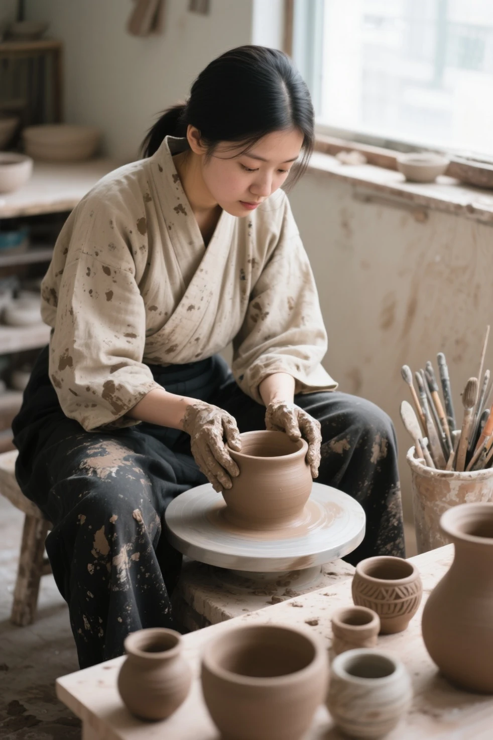 A medium shot captures a young female idol artist seated and engrossed in the art of pottery, Her dark hair is pulled back revealing a focused expression, She is dressed in a loose-fitting samue splattered with what appears to be clay or mud along with dark pants that are also stained, Her hands covered in clay delicately shape a light brown ceramic pot on a potter's wheel, The background hints at a pottery studio with a window allowing natural light to illuminate the scene particularly highlighting the woman and her work, Various pottery tools are visible in a container to her left and several finished or nearly finished ceramic pieces of varying sizes and designs are arranged on a surface in the foreground creating a sense of depth, The overall impression is one of quiet concentration and skilled craftsmanship