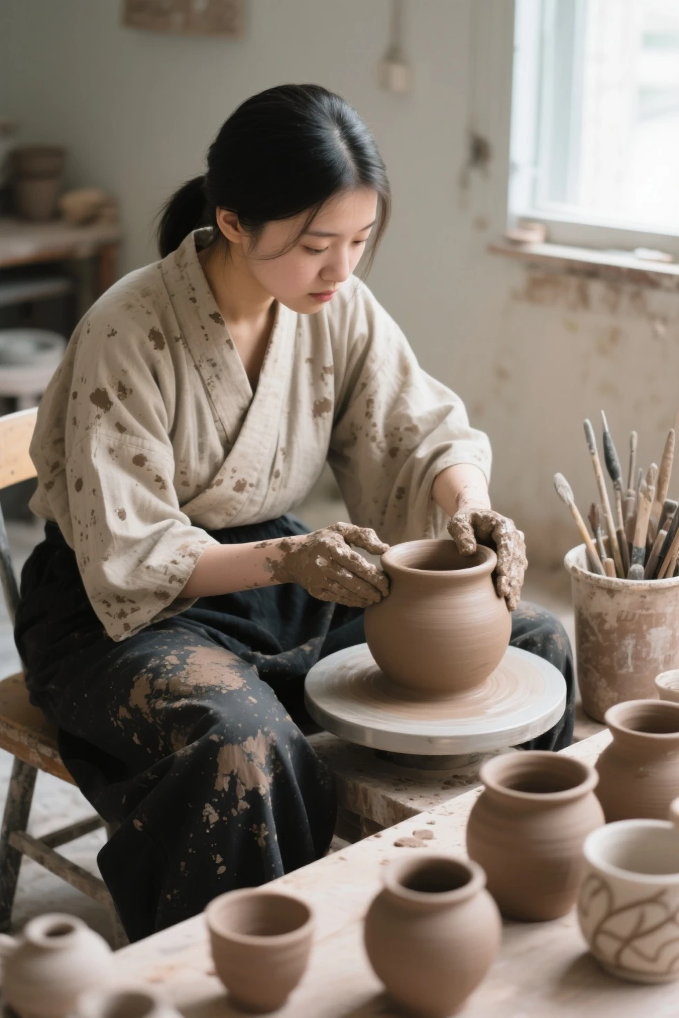 A medium shot captures a young female idol artist seated and engrossed in the art of pottery, Her dark hair is pulled back revealing a focused expression, She is dressed in a loose-fitting samue splattered with what appears to be clay or mud along with dark pants that are also stained, Her hands covered in clay delicately shape a light brown ceramic pot on a potter's wheel, The background hints at a pottery studio with a window allowing natural light to illuminate the scene particularly highlighting the woman and her work, Various pottery tools are visible in a container to her left and several finished or nearly finished ceramic pieces of varying sizes and designs are arranged on a surface in the foreground creating a sense of depth, The overall impression is one of quiet concentration and skilled craftsmanship
