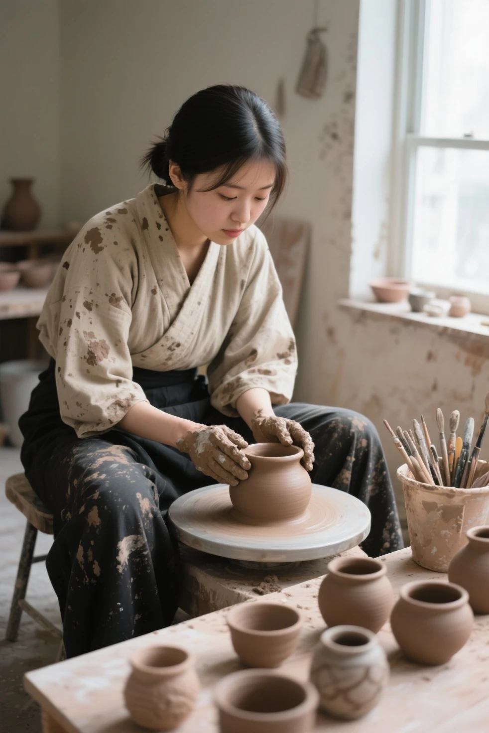 A medium shot captures a young female idol artist seated and engrossed in the art of pottery, Her dark hair is pulled back revealing a focused expression, She is dressed in a loose-fitting samue splattered with what appears to be clay or mud along with dark pants that are also stained, Her hands covered in clay delicately shape a light brown ceramic pot on a potter's wheel, The background hints at a pottery studio with a window allowing natural light to illuminate the scene particularly highlighting the woman and her work, Various pottery tools are visible in a container to her left and several finished or nearly finished ceramic pieces of varying sizes and designs are arranged on a surface in the foreground creating a sense of depth, The overall impression is one of quiet concentration and skilled craftsmanship
