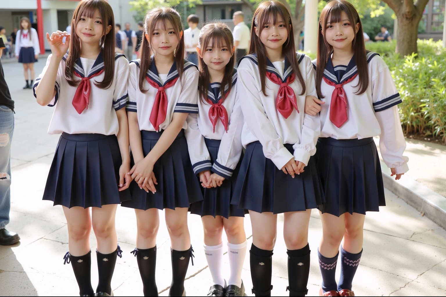 Japan Sailor School Uniform、dark blue school uniform、navy pleated skirt、beautiful girl、15 years old、(((Leave the hem of the sailor suit outside)))、black hair、ponytail、((No bangs:1.2))、((put out one's forehead))、I love you、Spinning、white socks、loafers、standing position、serious expression、protruding tooth、School、middle School girls、