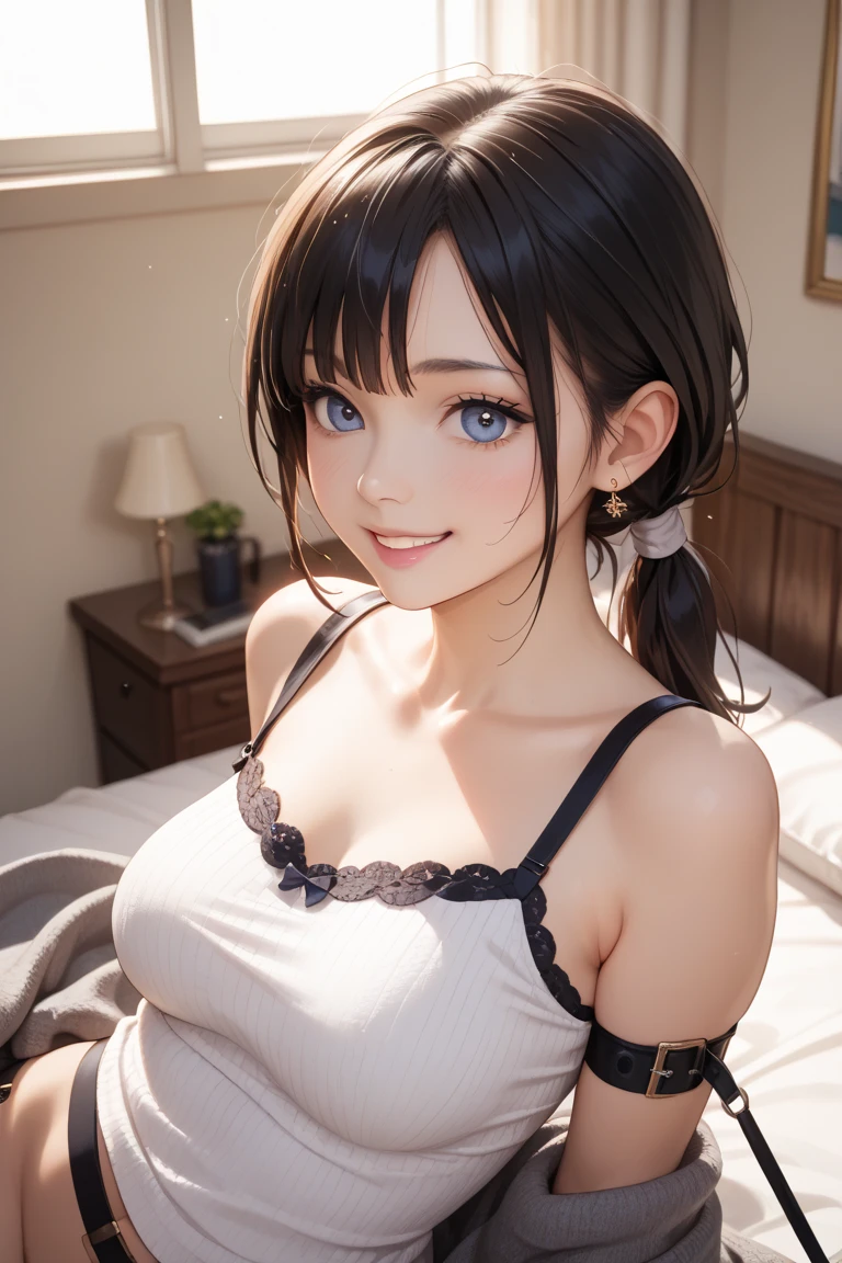 Cute Thai girl with shoulder-length dark shaded hair, blue eyes, He is wearing a tight fitting white shirt with a low neckline. (Bust 38 inches), slim fit light blue jeans, Sitting on a bed with a sliding glass door behind, Beach view.
(Highest quality,4K,8K,High resolution,masterpiece:1.2), Super detailed, (Realistic,photoRealistic,photo-Realistic:1.37), High resolution, 超High resolution, Studio Lighting, Very detailed explanation, Professional, Vibrant colors, Bokeh, Portraiture, Beach Color.