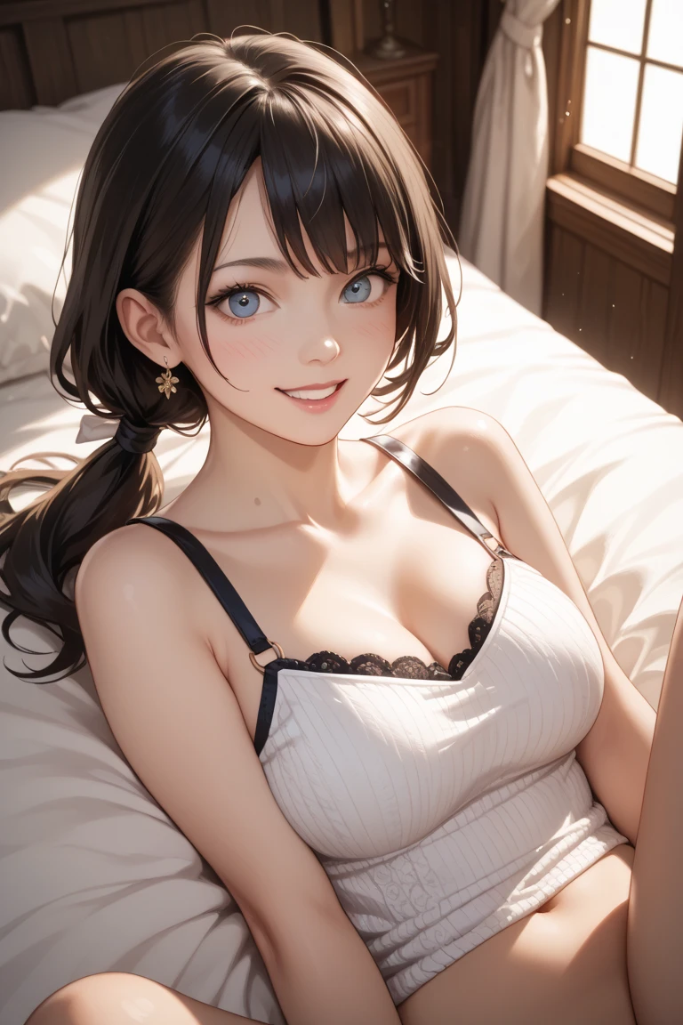 realisticlying,14 year old girl,Ghanaians、Face Real,Smile,sit on a bed、Look straight up、Cleavage emphasis,Breasts enlarged,Cleavage emphasis,Super large zoom of chest