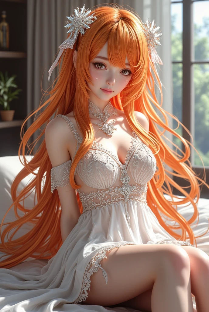 ((realist)), ((photorealist)),((High resolution, masterpiece, Best Quality, cinema lighting)), masterpiece, Best Quality:1.2), masterpiece, Best Quality, 4k, Photography, cinematic lighting, model session, perfect lighting, detailed, Professional photo session,(masterpiece:1.4),(Best Quality:1.4), (intricate details), (showy),cinematic lighting,Fondo de pantalla CG unity 8k extremadamente detailed, (masterpiece, Best Quality:1.2), Transparent dress, long red hair, sad look, open legs, lying on a bed , her skirt lifted to show her underwear, white panties, splashed with white milk on her body, happy, lying in bed, The viewer sees it from above.