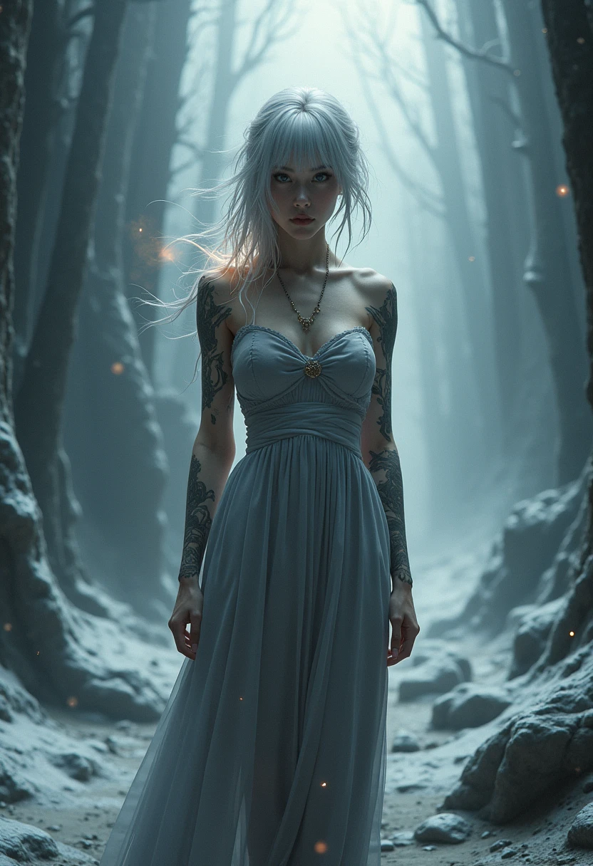 white forest in background, colorful design , Aurora, mythical, erotic pose, pore white hair, small tits, big eyes, body covered with tattoo, red lips, erotic, dark light,, white dress,glowing light