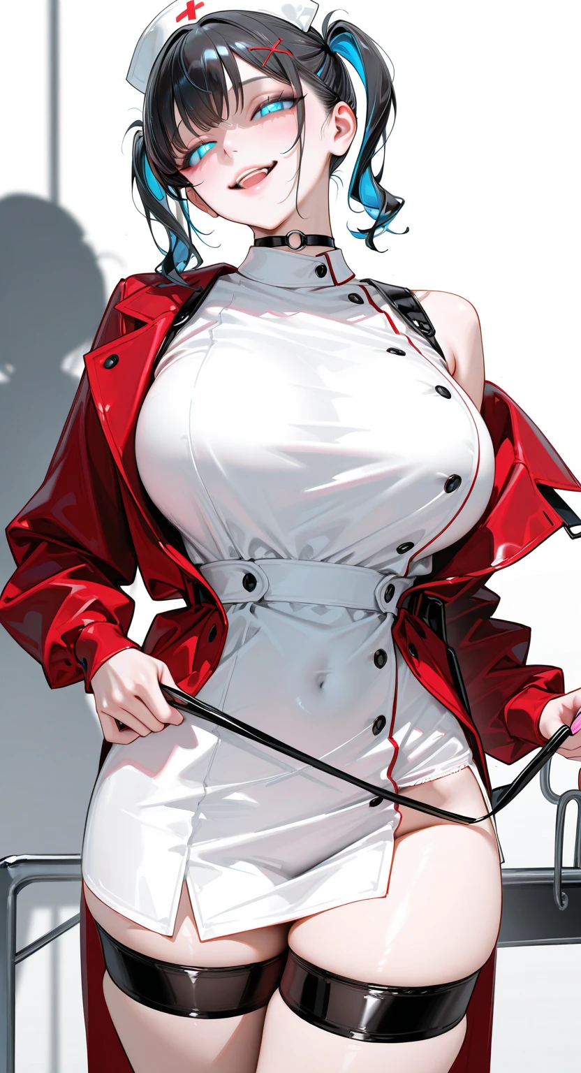 1girl, portrait of beautiful lobapex, athletic, white jacket, corset, skirt, pants, black hair, red hair, braids, makeup, choker, cleavage, wide hips, volumetric lighting, best quality, masterpiece, intricate details, tonemapping, sharp focus