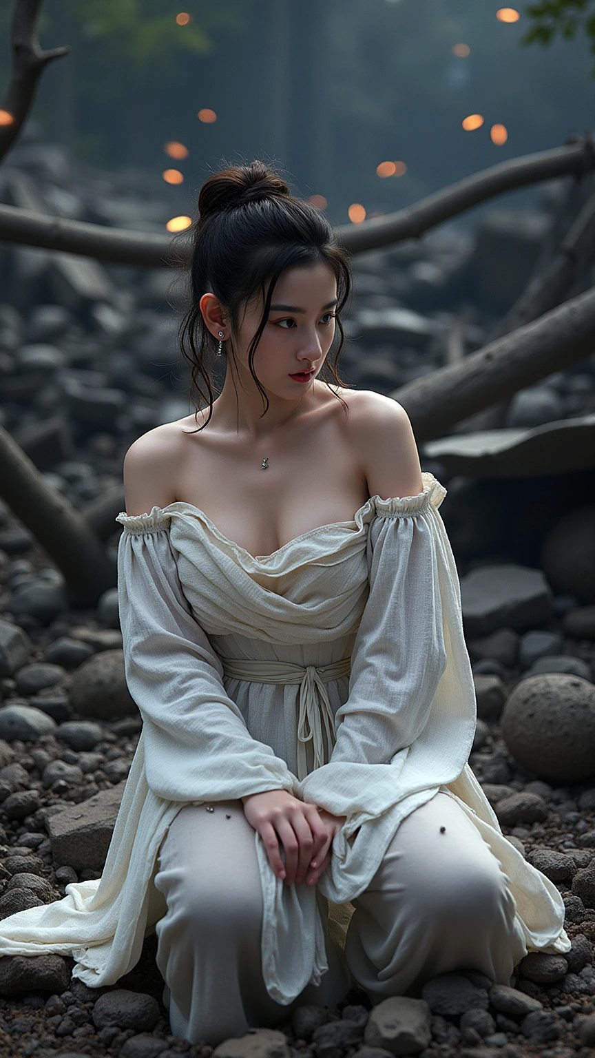 a sacrificial virgin woman, distressed expression, flower body decorations, beautiful detailed face and eyes, long eyelashes, airy sheer white dress, chained ankles, on a sacrificial nook on a cliffside, an eldritch beast with a slime blob body and many mouths approaching, dramatic lighting, dark moody atmosphere, cinematic composition, fantasy, dark fantasy art, muted color palette, chiaroscuro lighting, photorealistic, highly detailed, masterpiece
