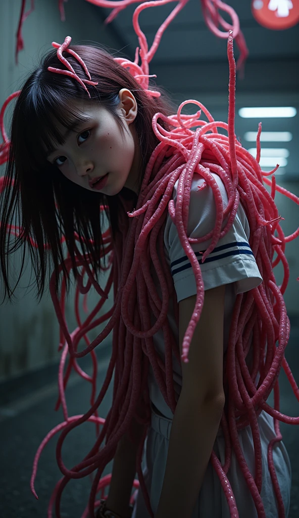 ( CHOSO_JUJUTSU NO KAISEN),((realistic, photorealistic)),(highlight hair)), Light reflection, (( HD )),((upper body)), (((best quality, masterpiece))), (masterpiece) (best quality) (detail) (8k) (HDR) (wallpaper) (cinematic lighting) (sharp focuasterpiece, best quality: 1.1), Real life adaption of this character, realistic outfit, realistic shadow, realistic light, realism, hyper realistic, realistic background,realistic hair,(photorealistic:1.2), (masterpiece: 1.2), (best quality: 1.3), (clear details: 1.3), ((((ultra-detailed)))), ((detailed eyes)), (extremely detailed face:1.4), (highly detailed eyelash:1.6), highly detailed eyes, sharp details, high contrast, (shiny skin), 1boy,Shibuya train station background, Stairs lead to the bottompurple and blue gradations, glow effect, smoke, shadow,gradient hair,Lines under the eyes, blood stains on hands,Realistic blood,Blood elements, blood spots, blood foreground, gushing blood,