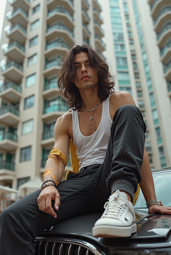 18-year-old boy，rapper，wearing a vest，handsome，brunette color hair，medium long curly hair，Ambient lighting，Open-mouthed，solo person，serious，sitted，Cigarette in his mouth，