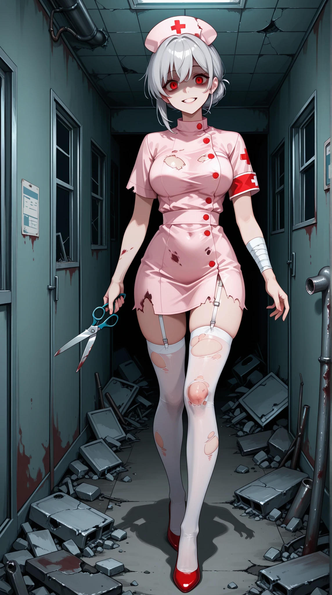 ((masterpiece)), (best quality), official art, extremely detailed CG, unity 8k wallpaper, ultra detailed, 
silent hill style, nurse, nurse cap, 1girl, blood, breasts, medium breasts,watermark, weapon, 
<lora:SillentHillStyle:1>