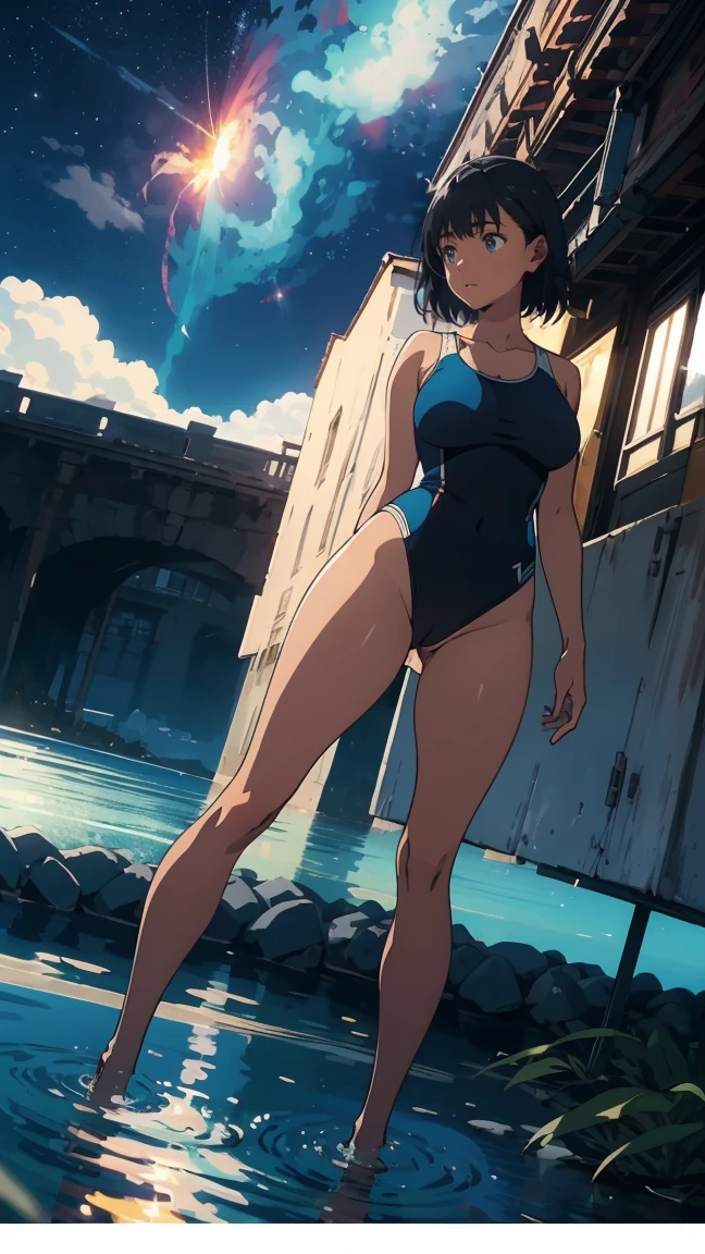 human, ((1girls)), 27 years old, beautiful, Short Hair, black hair, black eyes, black Bikini very medium , L cup breasts, ((white skin)), 1m75, deserted, ((Takeda Hiromitsu style)), (Masterpiece, Best quality, High quality:1.4), (Curvy:1.1), (Full body shot:1.1), (Large breasts:1.1), cleavage, Big ass, Thighs,