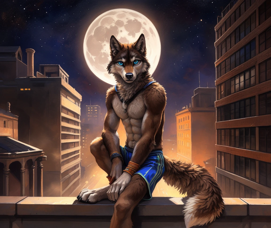 ((Solo)), male people, anthro wolf, (Multi-colored fur, White-brown:1.3), ((Wolf face, Big eyes, White eyelids, Blue pupil, Slim:1.2) (Tough, Calm expression:1.2)), (Height 2.1 meters,Tail length 1.5m), Abs, Slim, pinging, (Correct anatomy), (Contour bone:1.2), The upper body is naked, (detailed outfits), a long large tail,Feet,(Realistic fur, Detailed fur texture, labeled:1.3)), (Natural lighting), Photorealistic, Hyperrealistic, ultradetailed, by Kenket,In the modern city,Roof,the night,Sit alone,Look at the full moon,It was dark,Starry