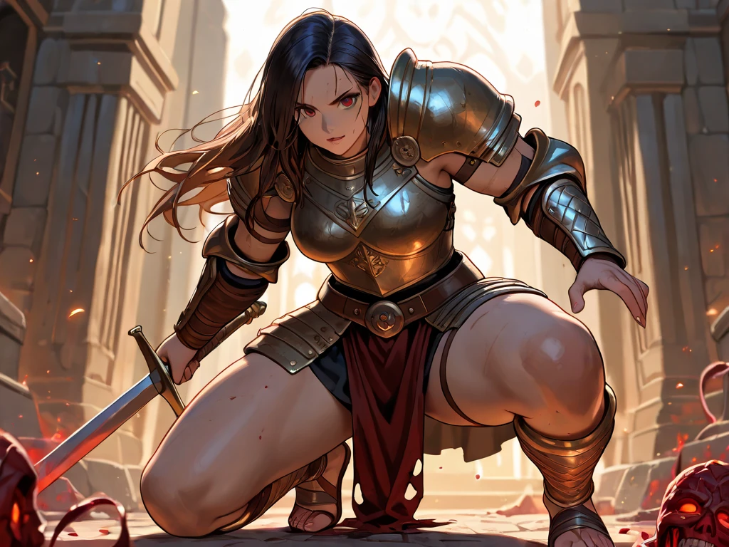 Tall, muscular woman with muscles full of veins marking her clothes, black hair, olive skin, huge breasts, wearing very short gladiator combat attire, holding a long sword, Coliseum background with lots of blood and dead beings