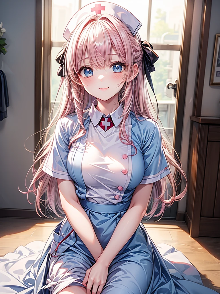 From above, (Squint your eyes:1.2), close, One Girl, blush, sit, nsfw,beautiful girl,Wear a uniform, Light blue skirt, Anime move,Two Side Up、(Gloss Lip)、Thick lips