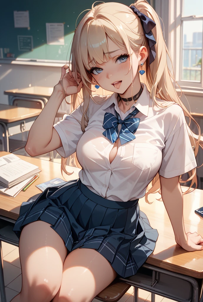 (((from below:1.3))),(Scale to fit the dimensions, crotch focus, close-up character:1.1) , sharp focus, photo-realistic:1.3,masterpiece:1.4, best quality, Highest details, beautiful and aesthetic,BREAK 
(((1 white girl))),{16_y.o. Caucasian, sitting, open legs wide:1.3, showing panties:1.3, very adorable, pretty},BREAK 
((( school uniform, micro mini skirt:1.3, sexy thong panties, knee_high_stocking))), super detailed beautiful skin, Huge Perky breasts, toned slender body, beautiful thin legs,detailed perfect fingers,BREAK 
highest detailed face,((( enjoying, smile:1.3))),((( looking down, watching at Viewer:1.3))),( round Eyes, double eyelid, mascara, Very long eyelashes), messy shiny hair, BREAK 
(official art, extreme detailed, highest detailed), perfect lighting, depth of field, beautiful scene in classroom, desk, chair, blackboard behind, (masterpiece, best quality), 1girl, Chestnut Blonde Spiral Curls, Sizes I to L breasts,   b2ra, gar2bel, pan2ties, th2hi, high heels