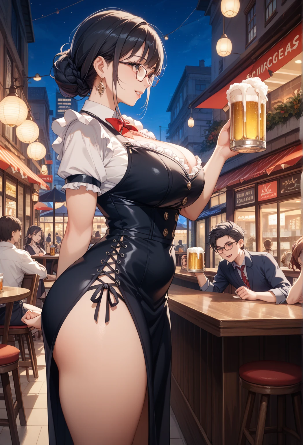 (((masterpiece, Highest quality, High resolution, 超High resolution, Perfect Pixel, Depth of written boundary, 4K, RTTX 10.0))), Beautiful Anime Women, Beautiful art style, Anime characters, ((Smooth texture, Realistic texture, Anime CG Style)), Exact finger count、Exact number of legs、(Exact number of arms:1.0, Exact number of hands:1.0), (Perfect hands, Perfect Anatomy), Cinematic, Realistic, Extremely detailed CG, Daytime lighting, Perfect lighting, Best Shadow, The best natural light, whole body, Perfect body, バランのとれたPerfect body, Perfectly balanced style, (Slender body:1.2), ((bangs, Reddish brown hair, Stylish hairstyle, Bobcut)), ((Back view of a pretty woman standing with her butt sticking out while carrying a drink:1.6)), ((Bow tie around neck:1.3), (Sexy and cute blue underwear:1.3), (Stylish shiny blue satin panties, Side-tie panties, Blue panties with lace trim around the edges, Full-back blue panties covering the buttocks:1.3), (Blue micro lace satin bra, Thin bra:1.3), (garter belt, Knee socks:1.3):1.3), (Stylish beer hall, amusement park, Carry drinks, A busy store, Chair, table, Outdoor:1.3), naked, In underwear, Waitress in underwear, (Maid Headband:1.1)), Angle from the rear, Close up of ass in panties