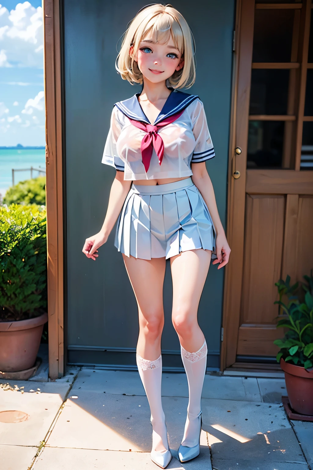 NSFW:1.1,masterpiece, Best Quality, High quality, High Definition, high quality texture, high detailing, Beautiful detailed, Finely detailed, extremely details CG, Detailed texture, realistic representation of face, Realistic, Colorful, Ray tracing, Sharp Focus, lighting forward, (Intricate details, makeup, smiling), (Detailed beautiful delicate face, Detailed beautiful delicate eyes, A perfectly proportioned face, High detailed skin, Detailed skin, best ratio four finger and one thumb, (((Glowing white shiny skin))),(((oiled skin))), (((toppless))), (((Nipples))), (((spreading pussy, pussy juice, Pubic hair))), (((pussy juice))), (wet pussy), (((Open legs))), (((Large breasts))), (((cleavage))), Sitting, ((Smooth texture, Realistic texture, Photorealistic)), Detailed beautiful eyes, Beautiful eyelashes, (((Green eyes))), (((blonde medium hair))), 1 girl, full nude, Naked, outdoors, ((( sheer blue sailor shirt, Sleeveless, Open front))), (((Navel ))), (((Sheer Micro Mini Skirt))), (Beautiful face, Cute face, Detailed face), perfecteyes,detaileds ,spreading pussy, Amescu