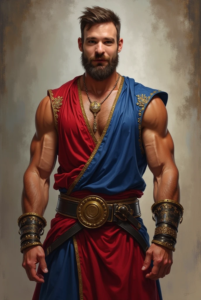 {{Masterpiece, best quality, oil painting, by James Tissot, high resolution, muted colors}}, the composition is: (((((a dramatic half body portrait of an ancient Roman brigand, bronze skin, sexy, magnificent, wearing a beige Russian fur hat, he is wearing a red diamond shape pendant))))). ((((He is wearing gladiator kit made of tiger skin, alligator leather, with samurai inspired elements, Slavic inspired elements, wearing a satin sash)))).