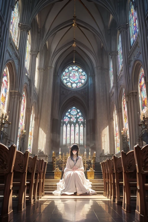 Girl praying in the cathedral、Beautiful light penetrating through stained glass、From  above、cinematlic lighting、Zoom up face