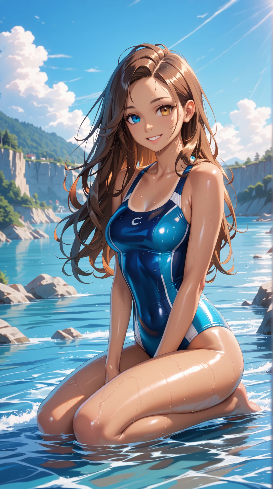 top-quality、Full limbs、complete fingers、One beautiful woman、Beautiful Large Breasts、straight haired、Brown-haired hair、Light blue competitive swimsuit、Wet texture、A big smile、Resorts、Maldives、Light blue water surface、sexypose、Dive to the surface