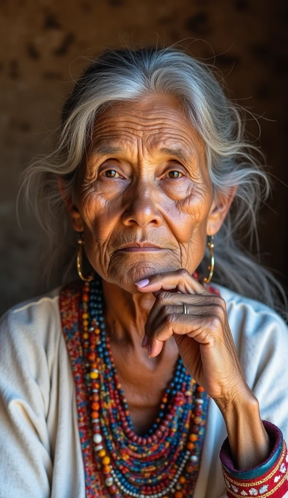A wise elderly woman with light brown skin and long gray hair tied back ...