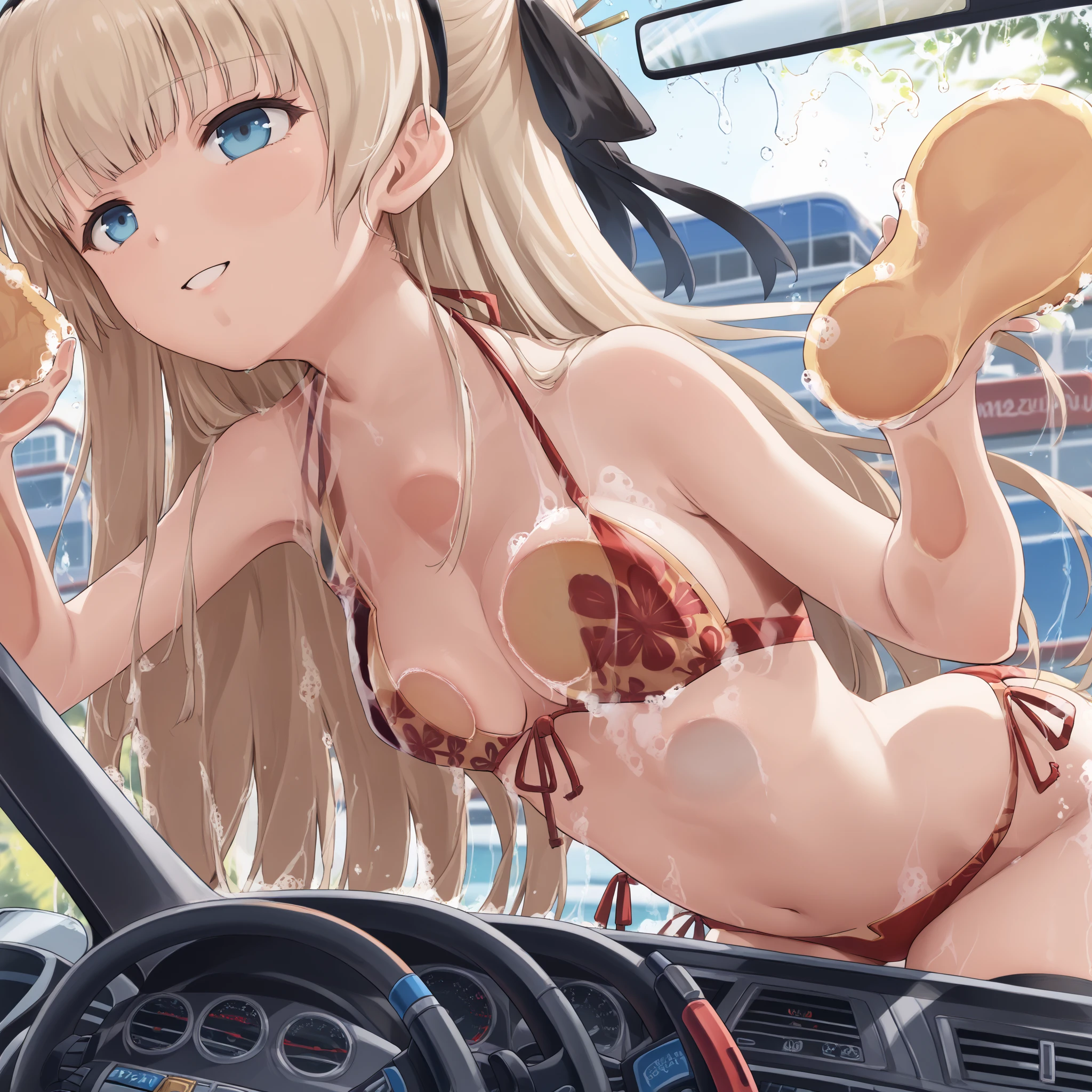 1girl, nsfw, ASAHINAMOMOKO. LIGHT BROWN HAIR, HAIR RIBBON, WHITE RIBBON, ONE SIDE UP, HAIR BETWEEN EYES, VERY LONG HAIR, PINK EYES, empty eyes, large breasts, nipple, Car Racing Circuits, frozen, (Sweating profusely, Love juice, Wet Woman, female ejaculation) crying, Naked, (1girl) Peeing, lactation, projectile lactation