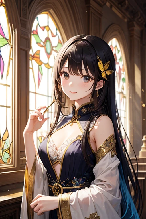 absurdres, RAW photo, extremely delicate and beautiful, masterpiece, Best Quality, ultra high resolution, 32k, hyperrealistic, ultra-detailed, detailed description, pale skin, 20 years old, detailed beautiful face and eyes, tearful mole, earring, very huge round breasts, short medium hair, wavy hair, full body shot, jewelry, skirt, hair adornments, Chinese clothes, sheer transparent clothes,